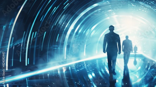 Silhouetted figures walking through a futuristic tunnel with vibrant blue light, concept art of future technology and innovation.