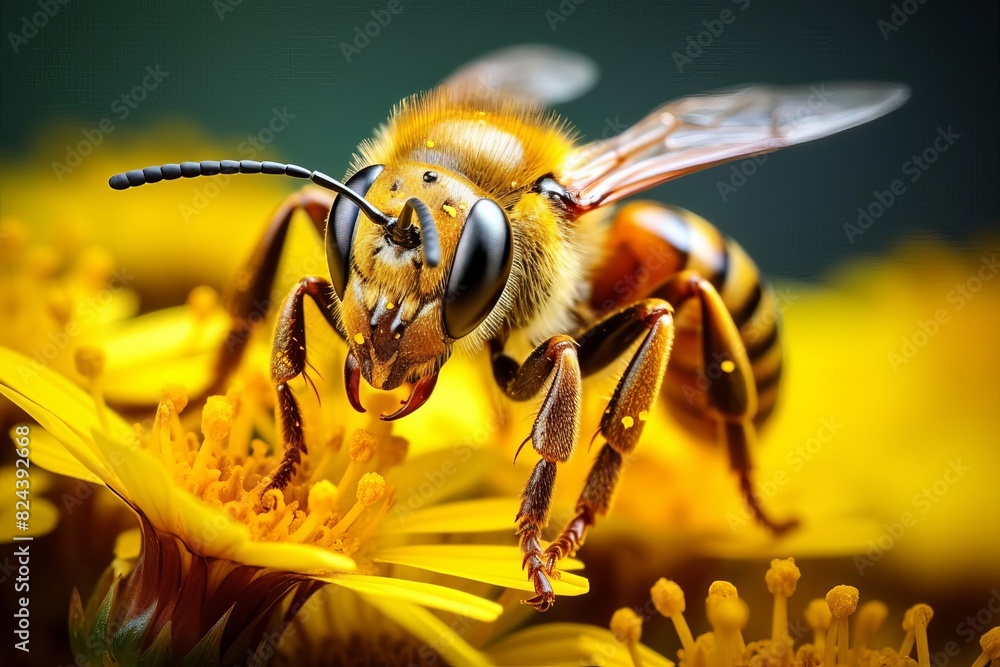 Close-up of a bee collecting nectar from bright yellow flowers, showcasing the intricate details of the bee and the vibrant colors of the petals. Close-up of a bee collecting nectar from bright yellow flowers, showcasing the intricate details of the bee and the vibrant colors of the petals.