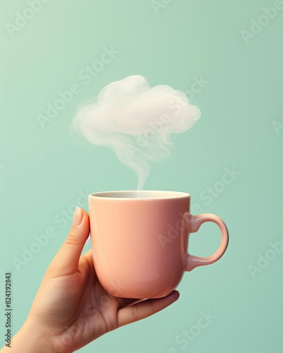 Hand holding a pink mug with a whimsical cloud of steam against a pastel green background. Creative coffee concept.
