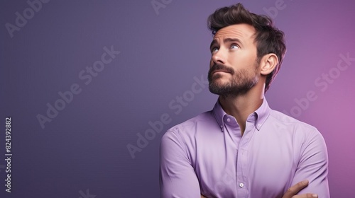 Portrait of a thoughtful young man in a purple shirt against a gradient background looking up with arms crossed. © sorrakrit