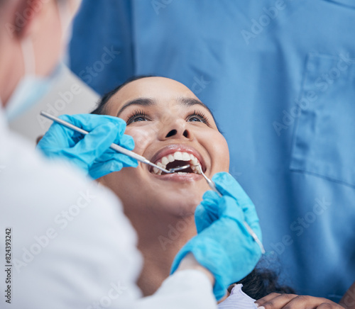 Dental checkup  women and dentist with equipment  fresh breath or appointment for teeth whitening. People  professional or medical with patient  tools or remove plaque for gum disease and wellness