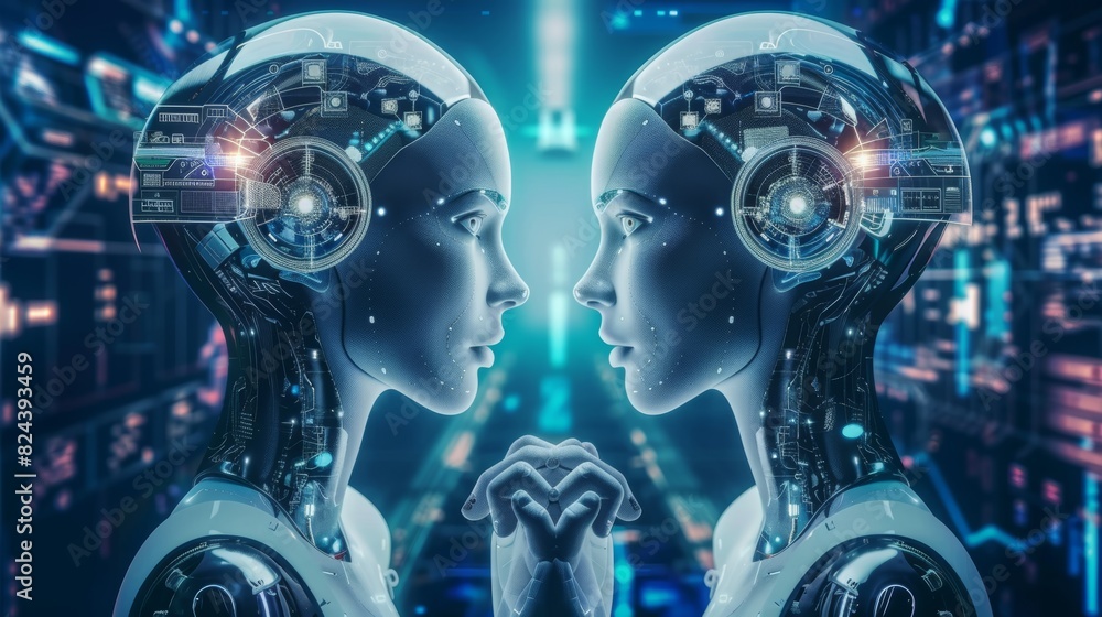 Fototapeta premium Two futuristic humanoid robots face each other in a high-tech environment symbolizing advanced artificial intelligence and technology.