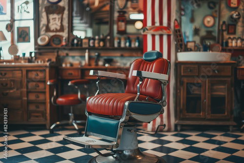 A red and blue barber chair sits in a barbershop. The chair is surrounded by a variety of other chairs and tables, and there are several bottles and cups on the tables © lashkhidzetim