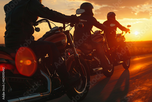 Friends riding motorcycles together at sunset