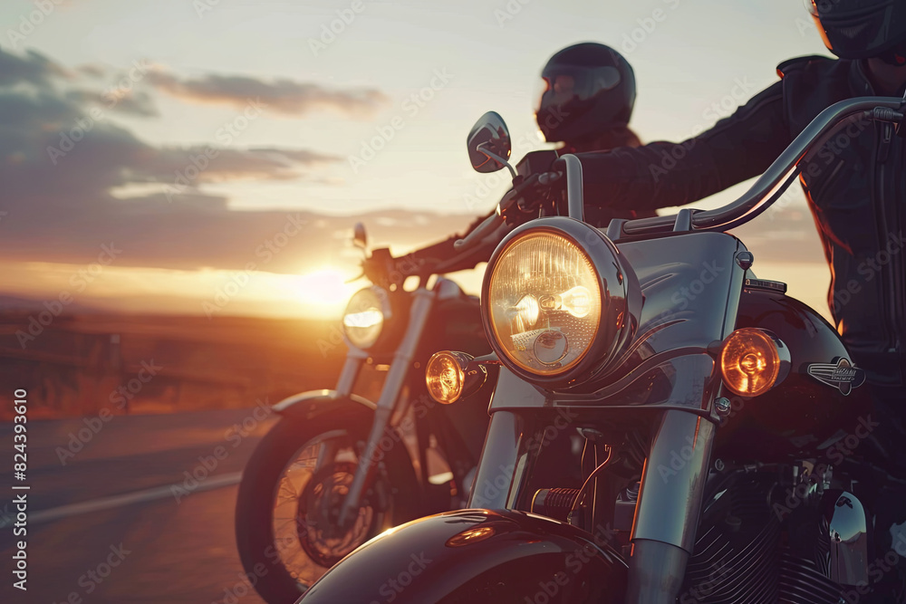 Fototapeta premium Friends riding motorcycles together at sunset