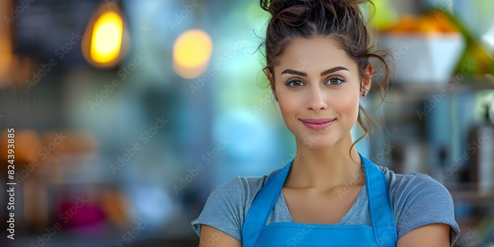 Portrait of a professional woman cleaner in blue apron for housekeeping service. Concept Housekeeping services, Professional cleaner, Blue apron, Female portrait, Professional woman