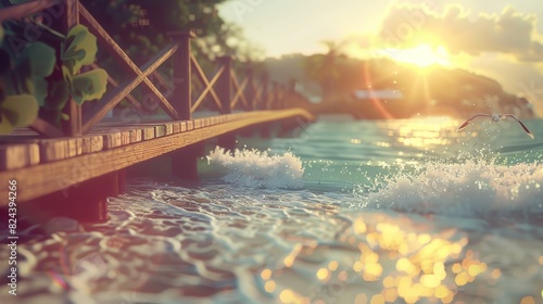 Beautiful sunset at a tropical beach with a wooden pier, crashing waves, and lush foliage creating a serene, picturesque scene. photo