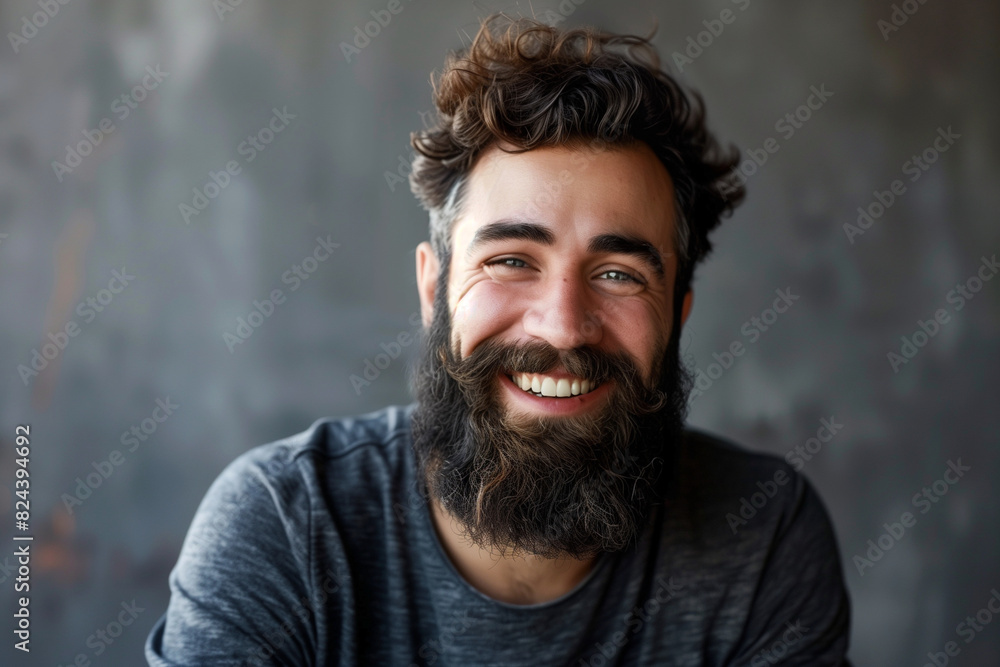 A man with a beard and blue eyes is smiling. He has a blue shirt on. The man's smile is bright and cheerful A man with a beard and blue eyes is smiling. He has a blue shirt on. The man's smile is bright and cheerful