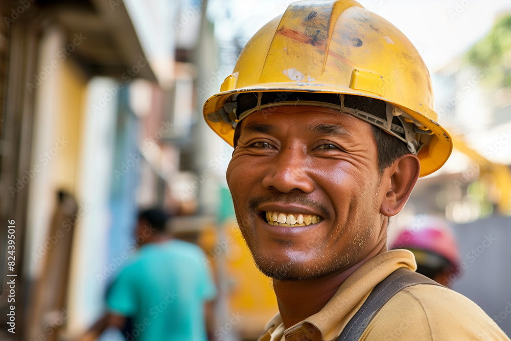 A man wearing a yellow hard hat is smiling. A man wearing a yellow hard hat is smiling.