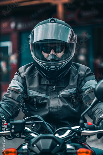 Motorcyclist in helmet and jacket sitting with motorcycle