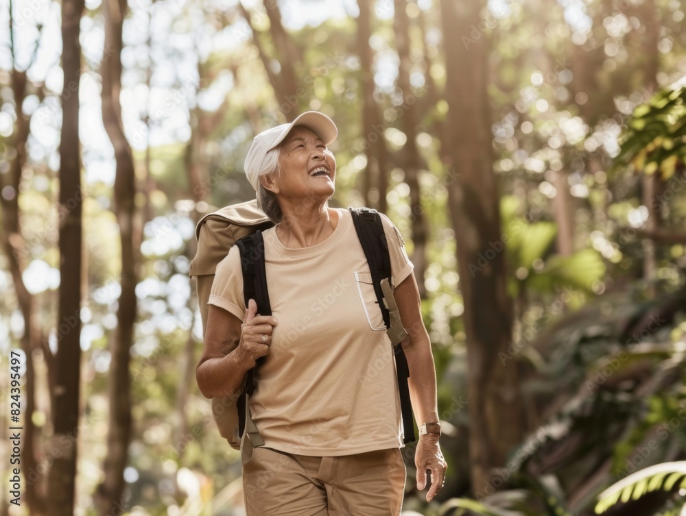 Joyful Senior Asian Woman Hiking in Sunny Forest Trail, Embracing Active and Eco-Friendly Lifestyle