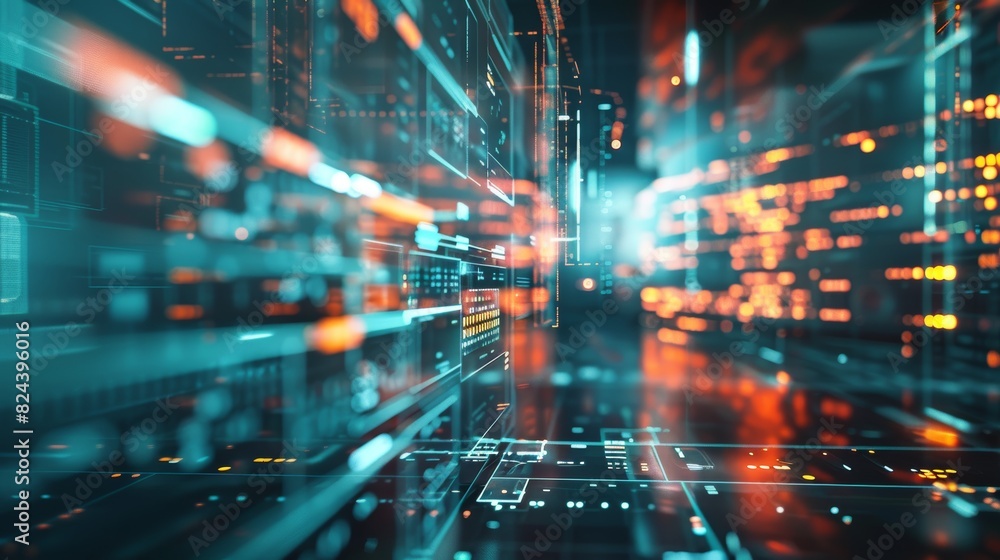Dynamic abstract technology background featuring bright lights and digital elements representing data transfer and modern tech infrastructure. Dynamic abstract technology background featuring bright lights and digital elements representing data transfer and modern tech infrastructure.