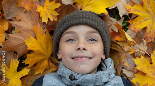 Young Boy Smiling Among a Bed of Golden Autumn Leaves, Wearing a Cozy Beanie