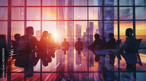 Silhouetted businesspeople having a board meeting in a modern office with a cityscape sunset view through large windows.