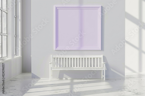 Sunlit gallery room with a blank pastel violet frame and white wooden bench, 3D mockup