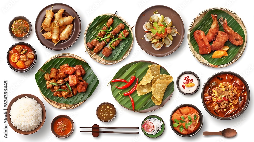 Authentic Indonesian Cuisine Spread on Plain White Background in High Definition 8K Top View Authentic Indonesian Cuisine Spread on Plain White Background in High Definition 8K Top View