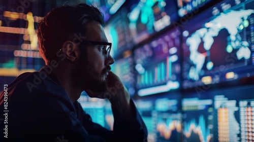 Focused analyst watching stock market data on multiple screens, highlighting finance, technology, and data analysis insights in modern workspace.