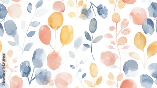 Create a watercolor seamless pattern with round and oval shapes, resembling organic forms and leaves, in pastel colors.