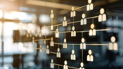 Business organizational chart with lines and human icons on glass wall in modern office  depicting company structure and hierarchy.