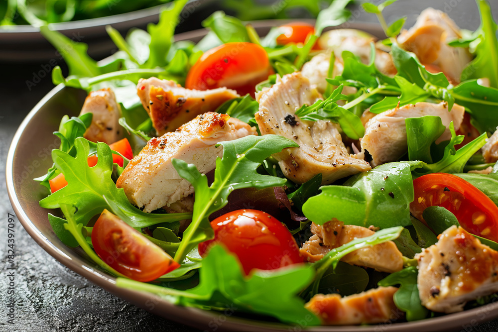 Fresh chicken salad with tomatoes and mixed greens Fresh chicken salad with tomatoes and mixed greens