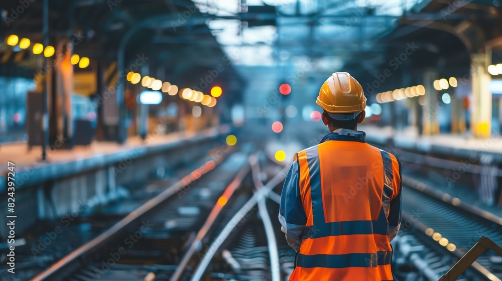 A safety engineer conducting a final safety inspection of a completed railway station platform A safety engineer conducting a final safety inspection of a completed railway station platform