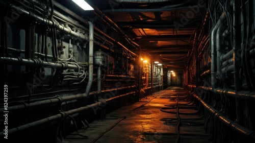 Industrial illuminated empty technical tunnel, pipes and wires along the walls, wide angle. © junky_jess