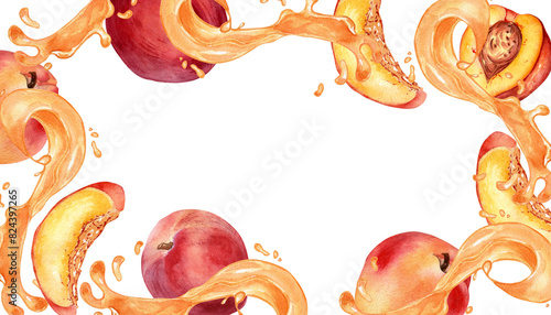 Frame of watercolor peach splash juice and fruits illustration isolated on white. Fruits liquid and nectarines hand drawn. Design element for packaging, menu, label, drink, ice-cream, tableware