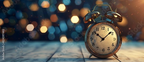 Vintage alarm clock on wooden surface with bokeh lights background, symbolizing time passage and nostalgia.