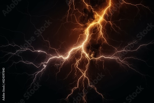a golden flash of lightning against a dark backdrop, symbolizing the raw power and energy of a thunderstorm. © Surachetsh