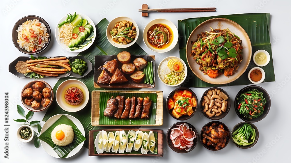 Authentic Indonesian Cuisine Spread in Top View on White Background in High Definition 8K Quality Authentic Indonesian Cuisine Spread in Top View on White Background in High Definition 8K Quality