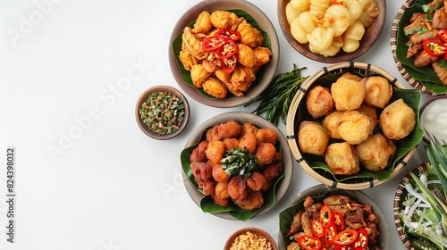 Vibrant Indonesian Food Feast on Plain White Background in Realistic Top View 8K HD Quality