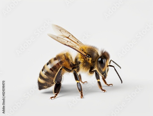 A detailed macro shot of a honeybee on a white background
