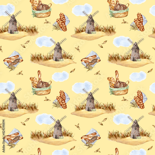 Windmill with various kind bread in watercolor seamless pattern isolated on beige background. Rustic landscape with rye for bakery in sketch style hand drawn. Design for package, wrapping paper