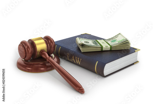 Concept of bribes. The wooden gavel with book of law and money on a white background. photo