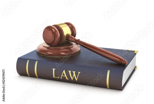 Concept of law. The wooden gavel with book of law on a white background. photo