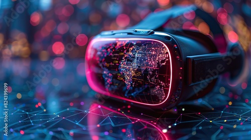 Virtual reality headset displaying global data connections. image photo