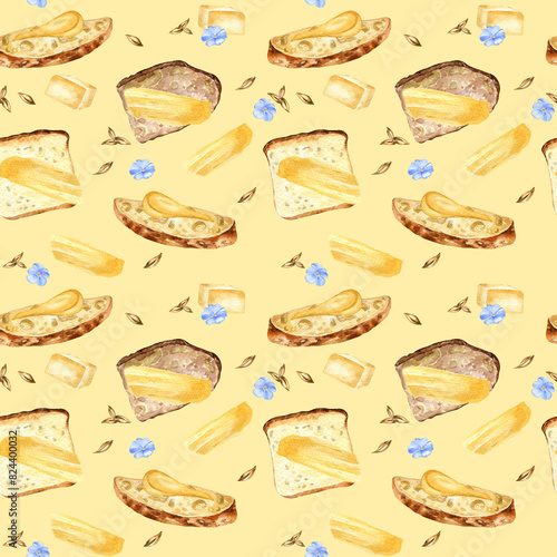 Assorted slices of bread and butter in watercolor seamless pattern isolated on neutral background. Sliced mixed bread spread butter hand drawn in sketch for package, wrapping paper, bakery