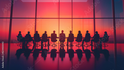 Silhouettes of a business meeting in a modern office with floor-to-ceiling windows, illuminated by a vibrant sunset, reflecting on the glossy floor.