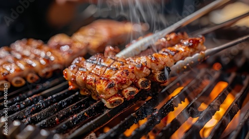 Show a perfectly grilled slice of samgyeopsal being lifted off the grill with tongs, ready to be enjoyed, Close up photo