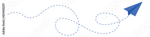 Blue paper plane with dotted path. Vector design element. paper plane flying on white background. eps 10
