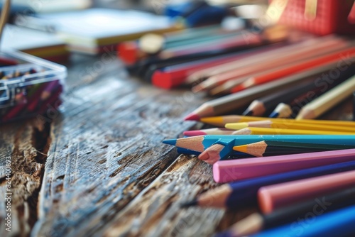 Colorful pencils and stationery on wooden table. Back to school concept, Back to School background concept, AI generated