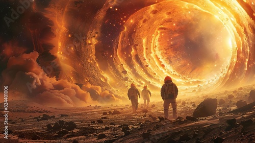 Show a team of explorers stepping out of a wormhole onto the surface of a strange, uncharted planet, Close up
