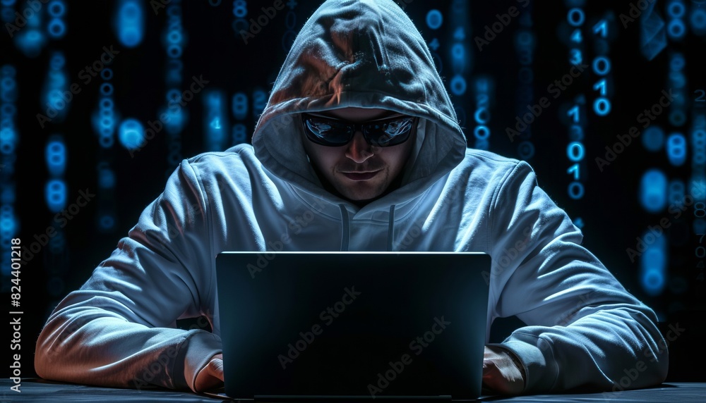 Mysterious Hooded Person hack with laptop and binary code Mysterious Hooded Person hack with laptop and binary code