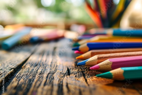 Colorful pencils and stationery on wooden table. Back to school concept  Back to School background concept  AI generated