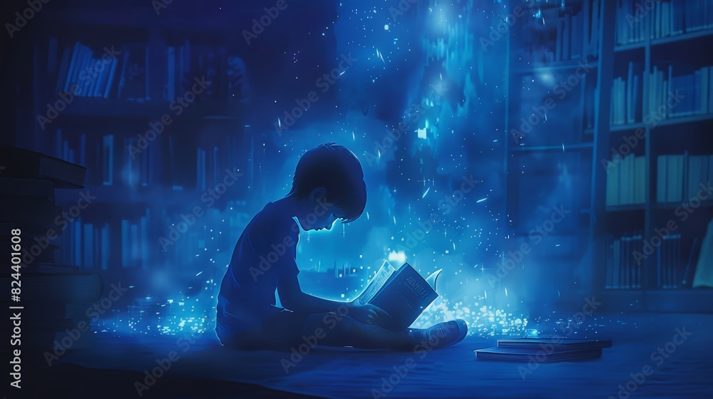 In the quiet solitude of the night, the school boy finds solace and inspiration in the pages of his books, his imagination serving as a gateway to adventure and discovery