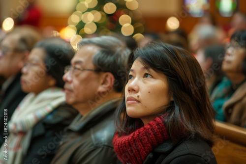 Christmas Mass  Use a shallow depth of field to focus on the expressions of worshipers during the Mass  with the church s festive decorations blurred in the background.