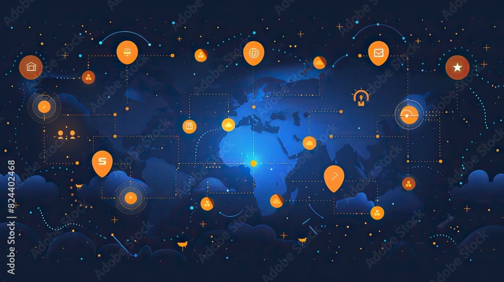 Cloud storage icons linked across continents. stock photo Cloud storage icons linked across continents. stock photo