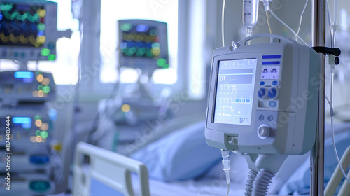 Hospital room with a patient bed and medical equipment. The patient bed is empty and the medical equipment is turned off. The room is clean and well-lit.