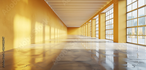 Empty exhibition hall with golden yellow wall  glossy concrete floor  and bright windows. 3D rendering  mockup.