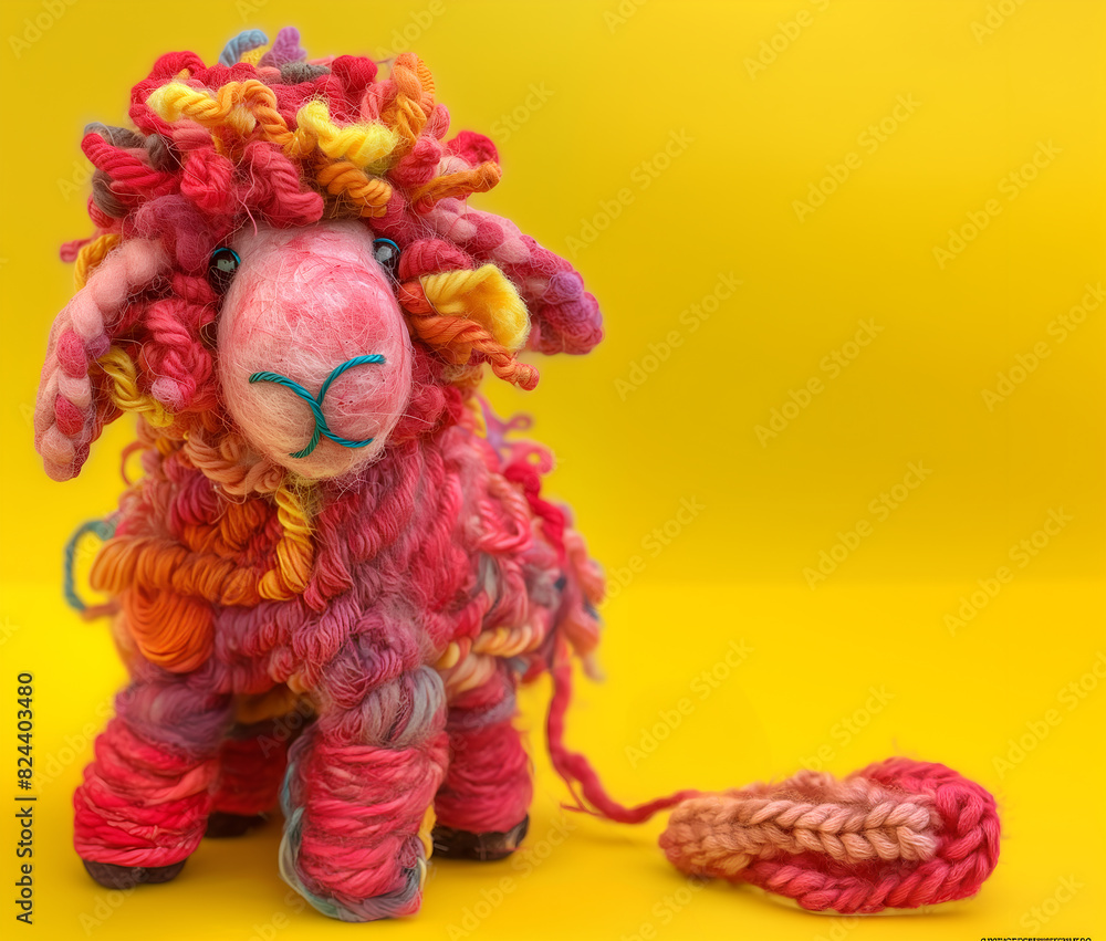 Creative art craft template. Handmade needle felt wool weird colourful sheep lamb toy Hand-crafted decoration on sunny yellow background. copy text space Creative art craft template. Handmade needle felt wool weird colourful sheep lamb toy Hand-crafted decoration on sunny yellow background. copy text space